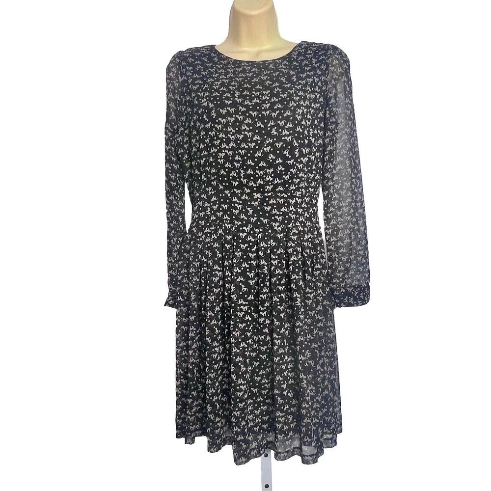 Cat Print Dress Womens Large Black Sheer Sleeves Lined Modest Whimsical Maya